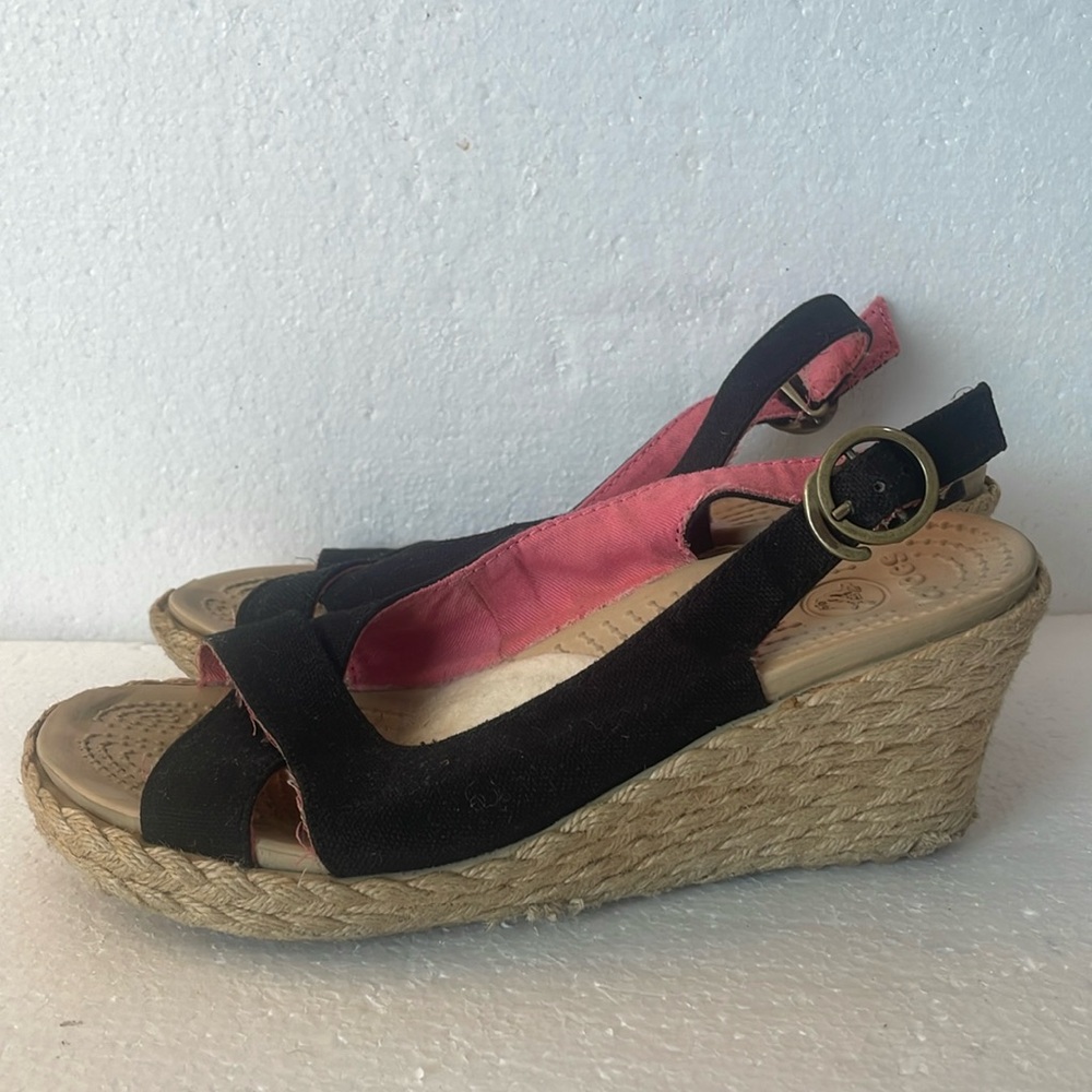 Crocs A-Leigh wedge sandals black strappy canvas sling back espadrilles Womens 7